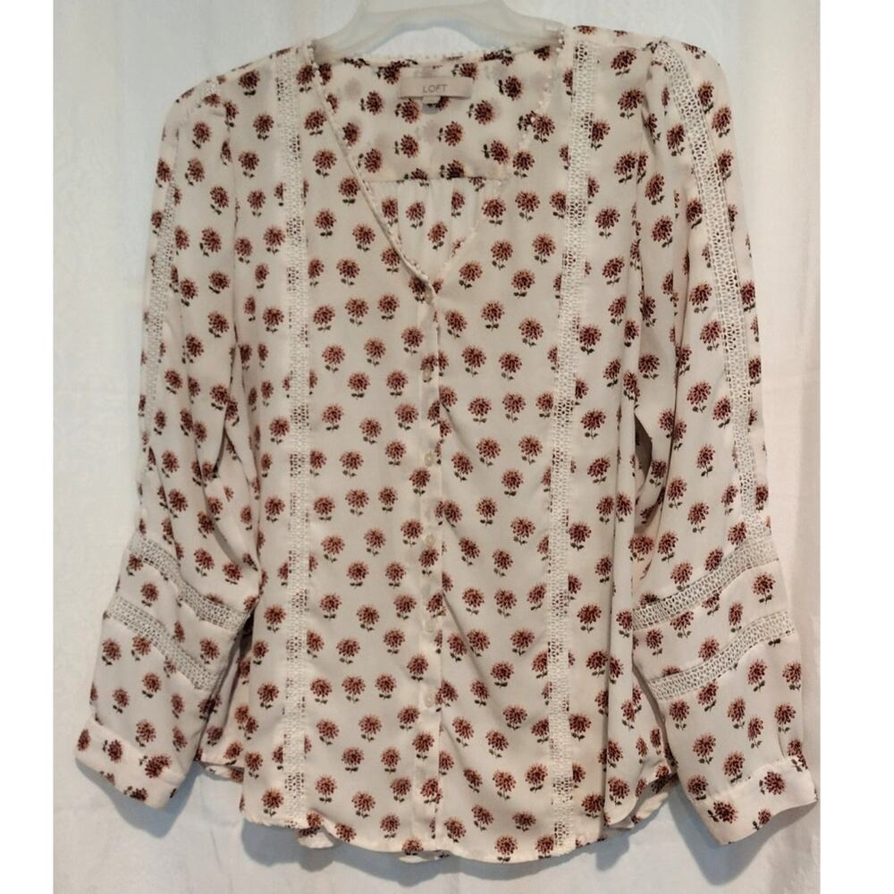 LOFT Large Blouse Cream Mauve Pink Floral Lace Chiffon Cottagecore Puff Sleeves